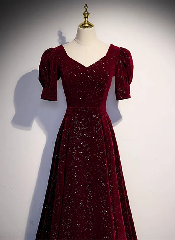 Wine Red Short Sleeves Velvet Long Formal Dress